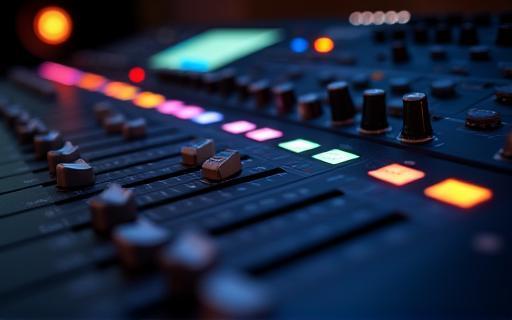 Close-up of an audio mixing console with lights and faders.