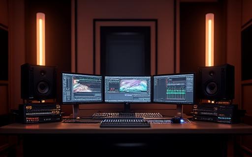 View of the studio control room desk and equipment.